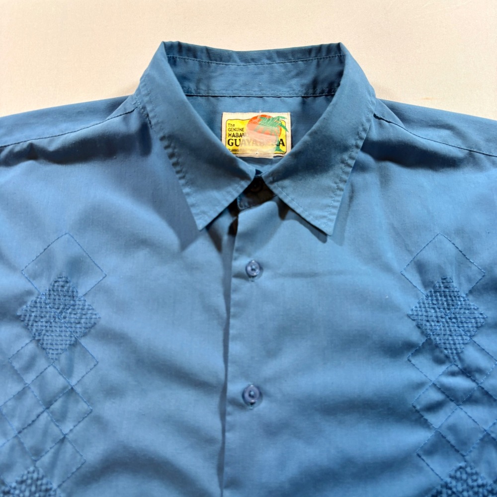 Haband Guayabera Shirt Mens XL Blue Embroidered Short Sleeve Cuban Wedding Camp